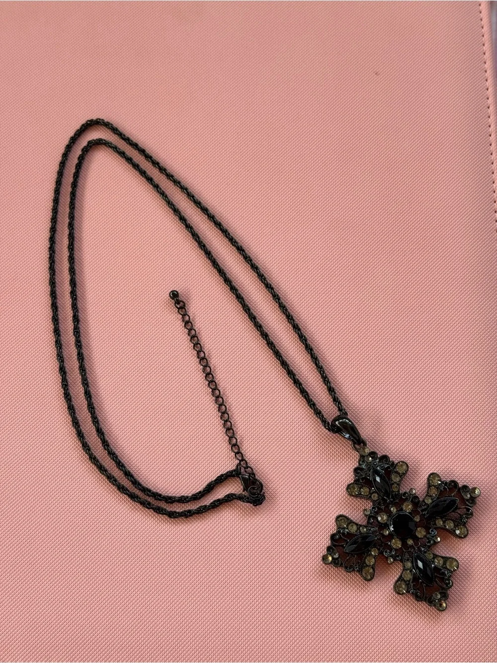 Black Crystal-like Jeweled Cross Pendant Necklace Chain. 15 inch Costume Jewelry